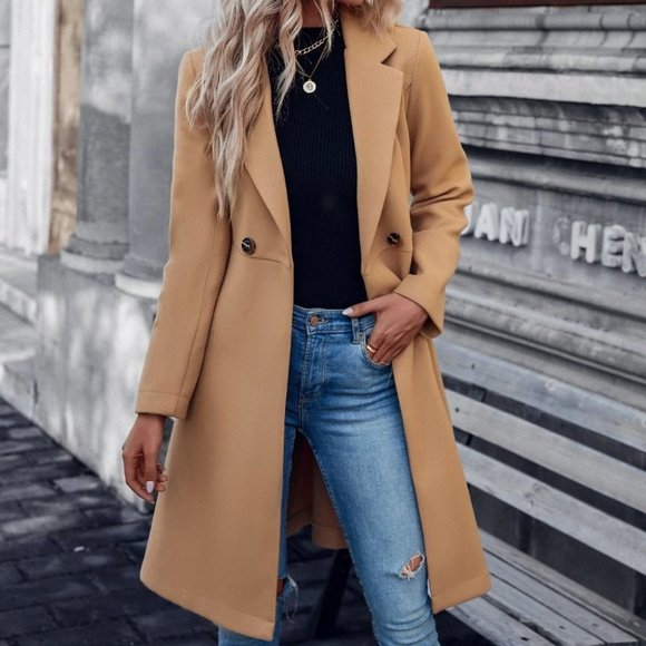 double button lapel neck belted coat camel - Picture 1 of 6